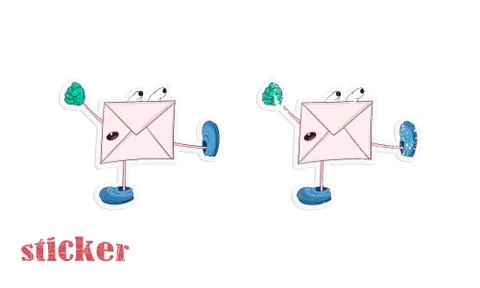 Cartoon envelope kicks. Vector illustration in the form of a sticker. Stock Illustration