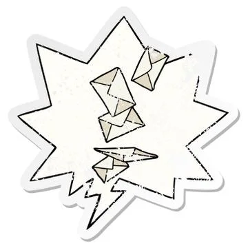 Cartoon envelopes falling and speech bubble distressed sticker Stock Illustration