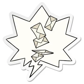 Cartoon envelopes falling and speech bubble sticker Stock Illustration
