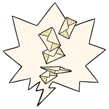 Cartoon envelopes falling and speech bubble in comic book style Stock Illustration