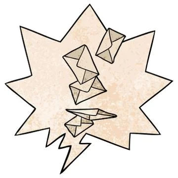 Cartoon envelopes falling and speech bubble in retro texture style Stock Illustration
