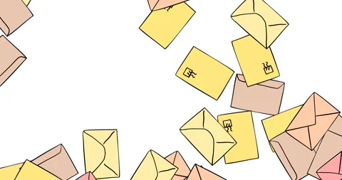 Cartoon envelopes, letters flying up on white background. Communication conce Stock Footage 158319082