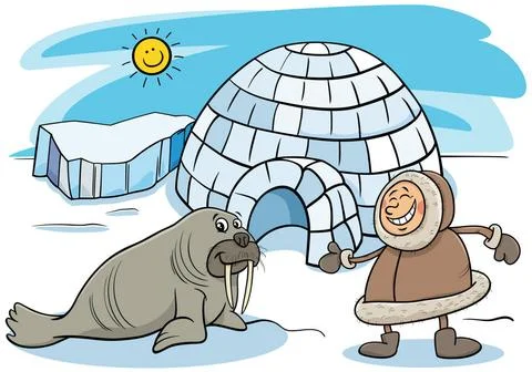 Cartoon Eskimo or Lapp with igloo and walrus Cartoon illustration of Eskim... 库存照片