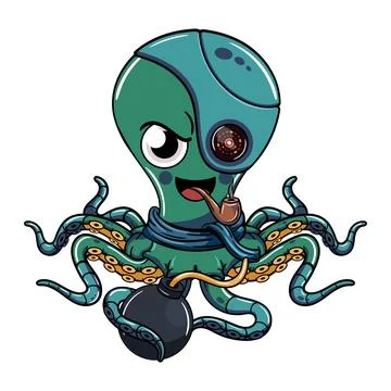 Cartoon evil octopus cyborg character smoking a pipe with a bomb in his ten.. Stock Illustration