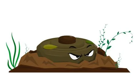 Cartoon Evil weapon combat anti tank mine hide in crack of land. Cartoon vect Stock Illustration