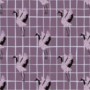Cartoon exotic japanese seamless pattern with crane bird shapes. Purple paste Stock Illustration