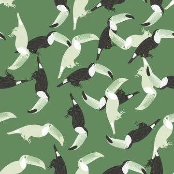 Cartoon exotic seamless pattern with random toucan bird shapes. Green pastel  Illustrazione stock