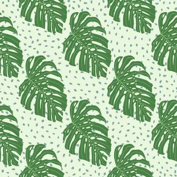 Cartoon exotic seamless pattern with simple green monstera ornament. Dotted b 스톡 일러스트