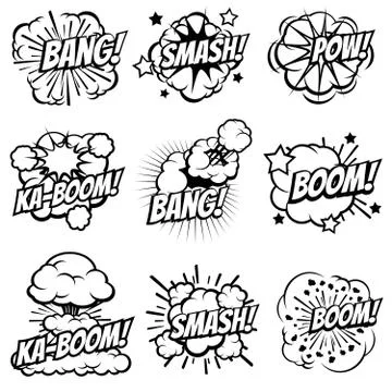 Cartoon explode icons. Comic book explosion bubbles. Pop art big bang and boom Stock Illustration