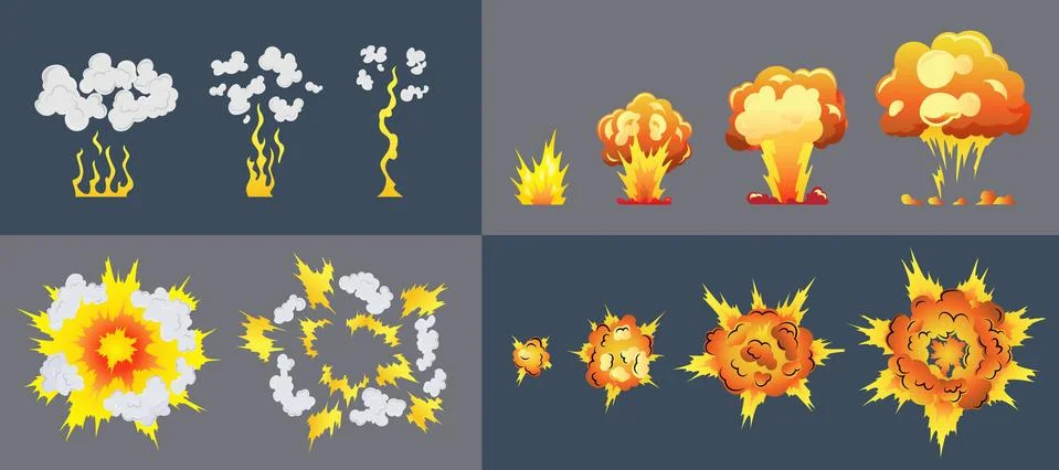 Cartoon explosion animation frames for game. Boom storyboard comics design. Hand Stock Illustration