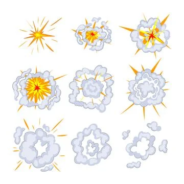 Cartoon explosion effects set showing dynamic bursts and smoke clouds Stock Illustration