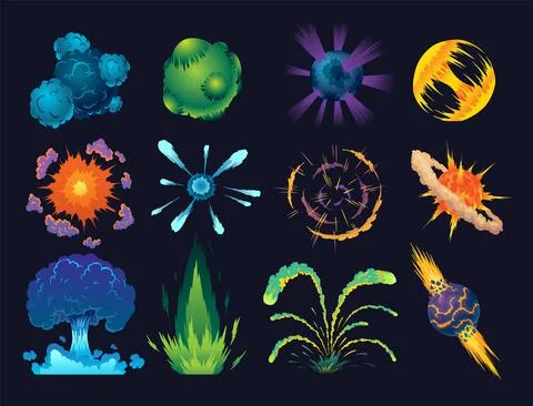 Cartoon explosion icon set. Comic book elements. Boom cloud and flame, smoke and Stock Illustration