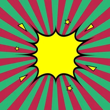 Cartoon explosion with rays of blast and stars on magenta and green background Illustrazione stock