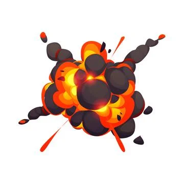 Cartoon explosion vector with fire and smoke clouds on white background Illustrazione stock
