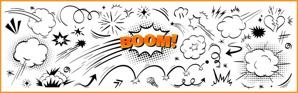Cartoon explosion vector kit with comic speed lines, bright orange halftone word Stock Illustration