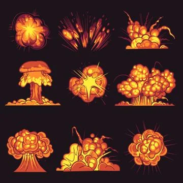 Cartoon explosions. Bomb explosion, fire bang with smoke effect. Explode Stock Illustration