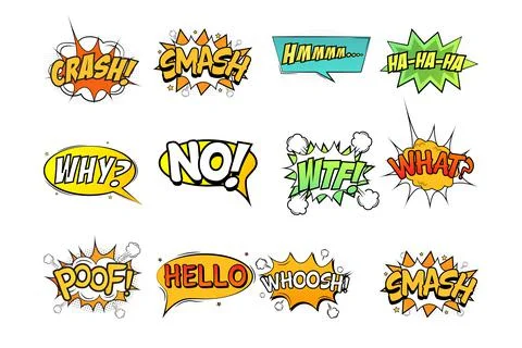 Cartoon explosions collection, funny comic speech clouds. Comic blast set. Sp Stock Illustration