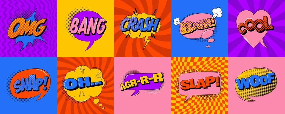 Cartoon explosions comical speech bubbles in trendy pop art style. 스톡 일러스트
