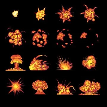 Cartoon explosions. Fire bang effect with smoke, flame and particles, boom Stock Illustration