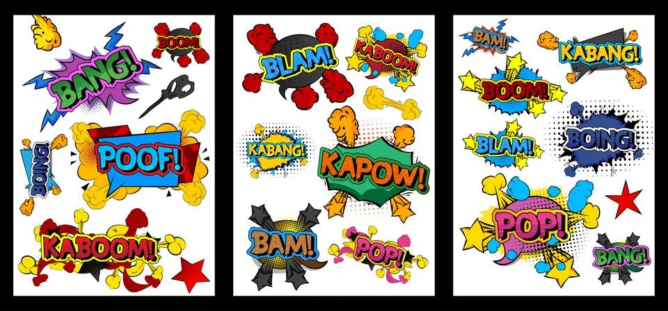 Cartoon expression poster set, comic book explosion words collections. Retr.. Illustrazione stock