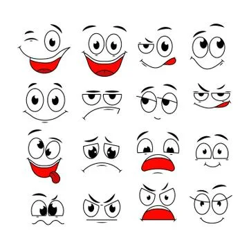 Cartoon expressions. Cute face elements eyes and mouths with happy, sad and Stock Illustration