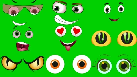 Cartoon eyes on green screen featuring glasses cyclops tired silly angry Stock Footage 334703922