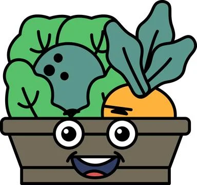 A cartoon face with a basket of vegetables in it Stock Illustration