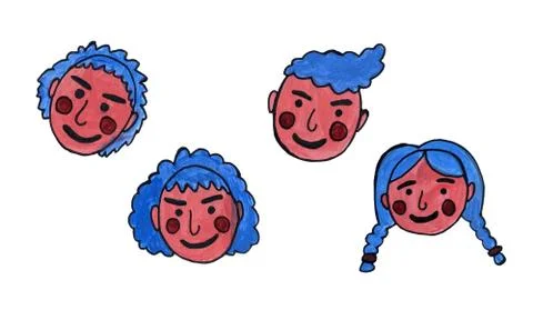 Cartoon face blea haired people. Hand drawn line art colored illustration. Hu Stock Illustration