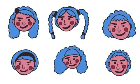 Cartoon face vector people. Hand drawn line art colored illustration. Human e Stock Illustration