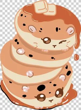 Cartoon-faced pancake stack is dripping syrup showing butter pats chips on Stock Illustration