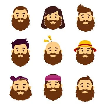Cartoon Faces with Beards and Various Hairstyles Illustration