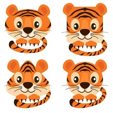 Cartoon faces cute tigers in different shapes. Stock Illustration