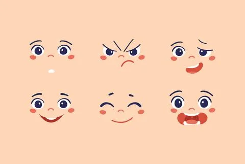 Cartoon faces with different feelings. Vector set of flat color icons for design Stock Illustration