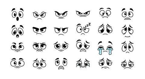 Cartoon Faces Expressing Various Emotions: Happy, Sad, Angry, Surprised, Slee Stock Illustration