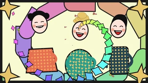 Cartoon Faces Laughing And Sharing Joy With Colorful Shapes Stock Footage 341266779