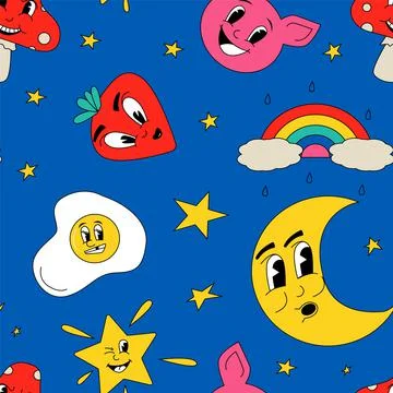 Cartoon faces pattern. Seamless print design with abstract retro cartoon Stock Illustration