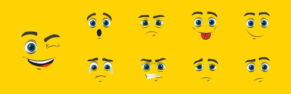 Cartoon faces set, comic icon. Emotion face, expressive eyes and mouth. Fla.. Stock Illustration