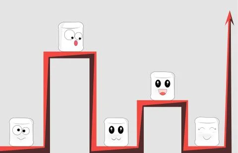 Cartoon faces sit on different red branches of the same graphic Stock Illustration