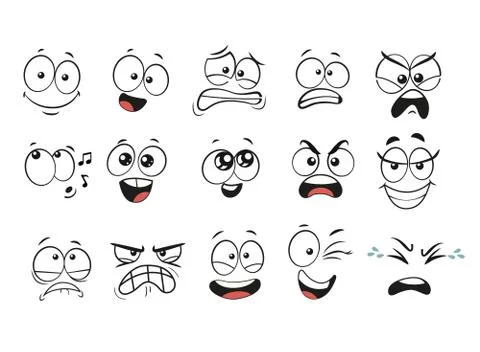 Cartoon facial expressions set. Cartoon faces. Expressive eyes and mouth Stock Illustration