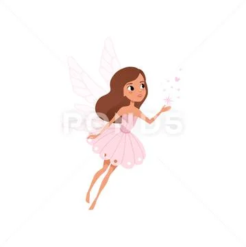 Cartoon fairy girl flying and spreading magical dust. Brown-haired pixie in cute Stock Illustration