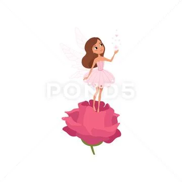 Cartoon fairy girl standing on rose and spreading magical dust. Little brown Stock Illustration