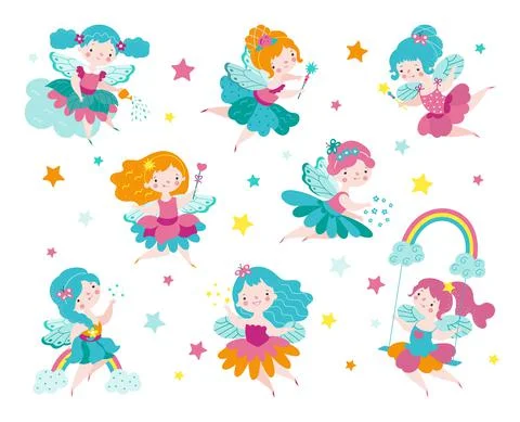Cartoon fairy. Kids fairies in dress, sweet mythical and tales characters. Magic Stock Illustration
