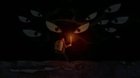 Cartoon fairytale visualization. Scene. Man with a torch picking up a golden 스톡 동영상 278961966