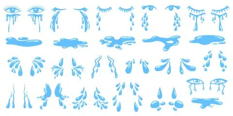 Cartoon falling isolated tears, raindrops dripping. Teardrop from eye, water Stock Illustration