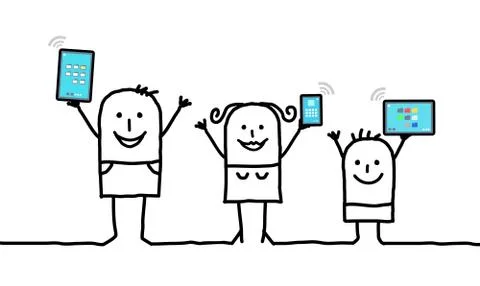 Cartoon family holding connected digital  tablets and phones Stock Illustration