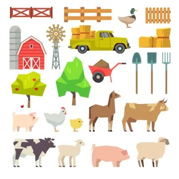 Cartoon farm elements, animals, building, tools, trees, agricultural machinery Ilustración de archivo