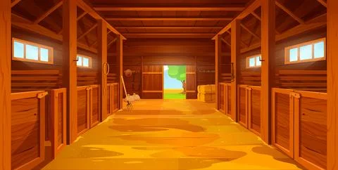 Cartoon farm stable, barn interior with sand floor Stock Illustration