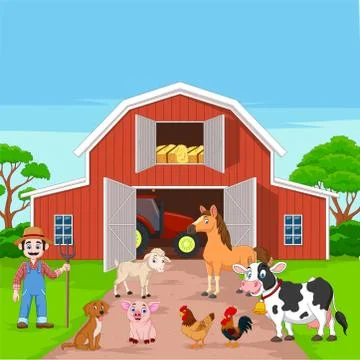 Cartoon farmer and farm animals in the barnyard Stock Illustration