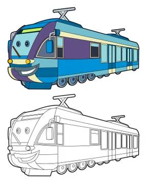Cartoon fast electric train smiling - coloring page Illustrazione stock