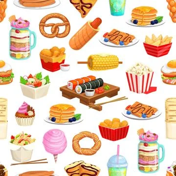 Cartoon fast food seamless pattern, snacks, drinks Stock Illustration